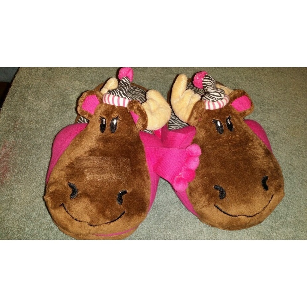 Justice Girls Plush Holiday Winter Moose Slippers size Medium 4/5